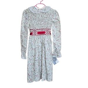 Vintage Polly Flinders Girls Christmas Robin Print Bishop Smocked Dress Sz 8